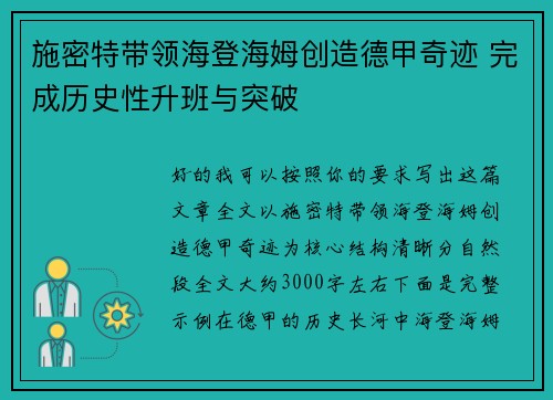 施密特带领海登海姆创造德甲奇迹 完成历史性升班与突破